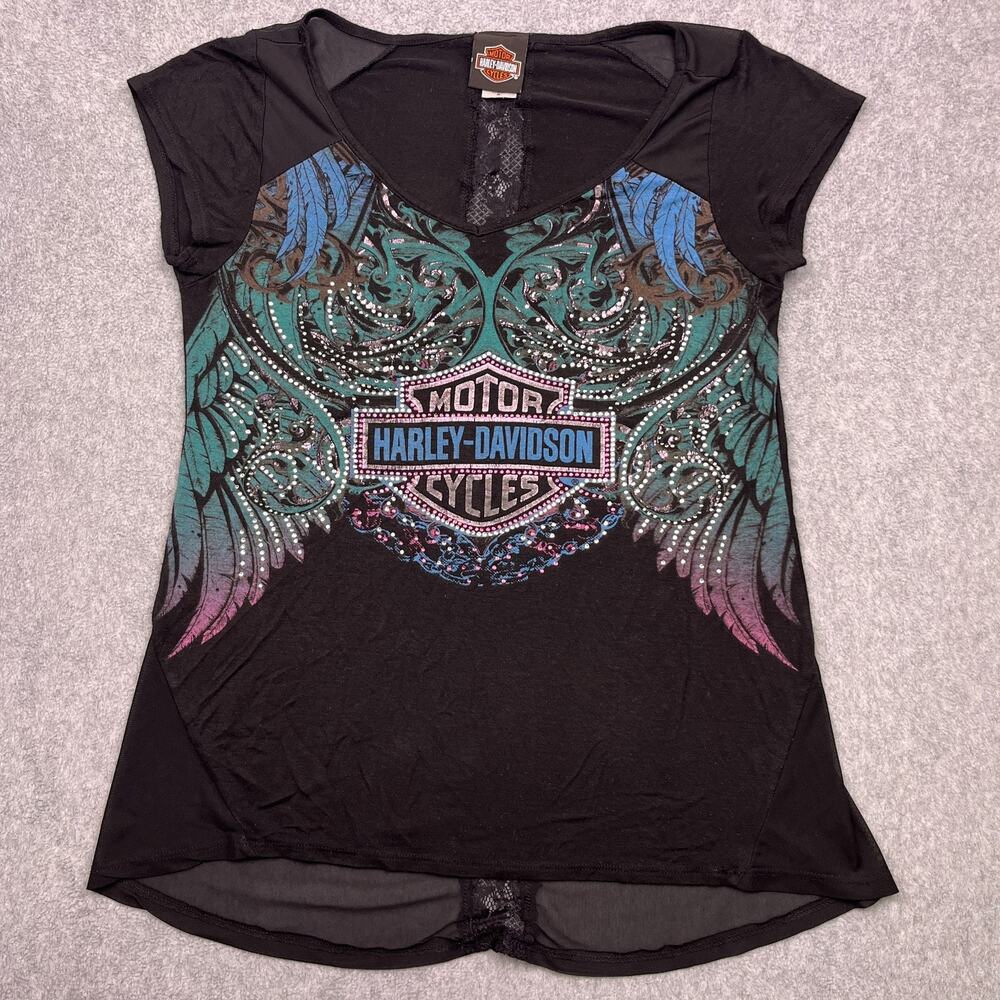Vintage Harley-Davidson T-Shirt Womens Medium Black Rhinestones Embellished USA